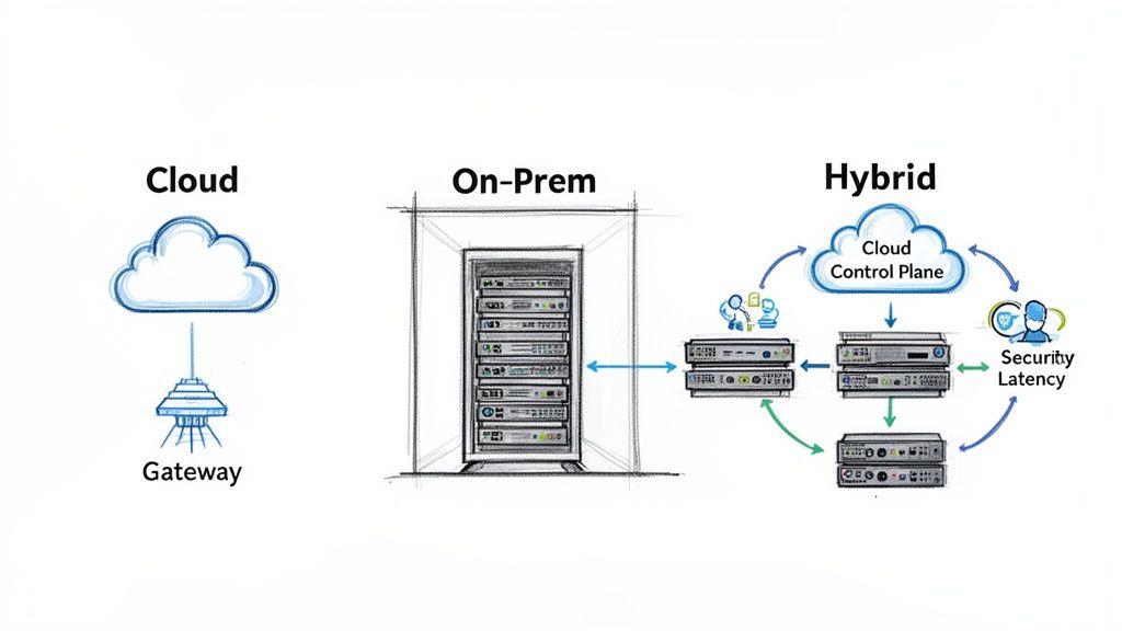 Diagram illustrating Cloud, On-Premise, and Hybrid IT infrastructure deployment models side by side.