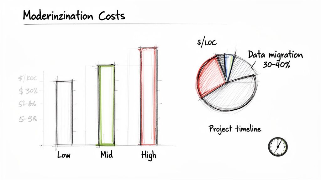 Sketched infographic on modernization costs, including data migration percentage and project timeline.