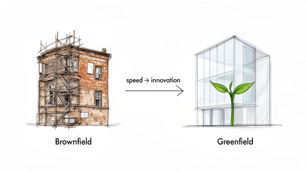 Illustration comparing a brownfield (old building) to a greenfield (modern building with sprout), depicting speed to innovation.