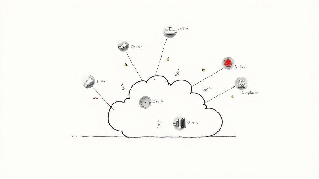 A diagram shows a cloud connected to icons representing data, licenses, compliance, and project elements.