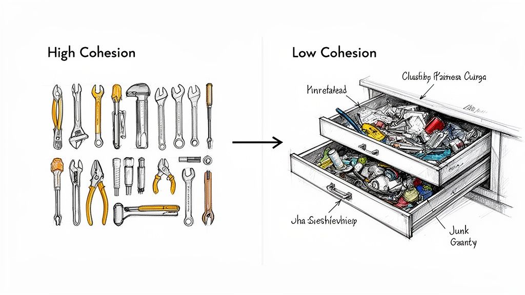 An illustration showing high cohesion with organized tools versus low cohesion with a messy junk drawer.