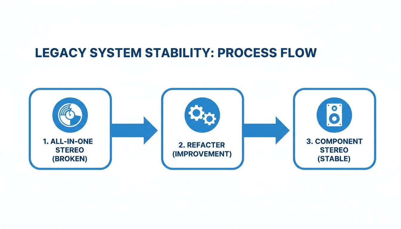 Diagram showing the process flow of refactoring a broken all-in-one legacy system into a stable component stereo.