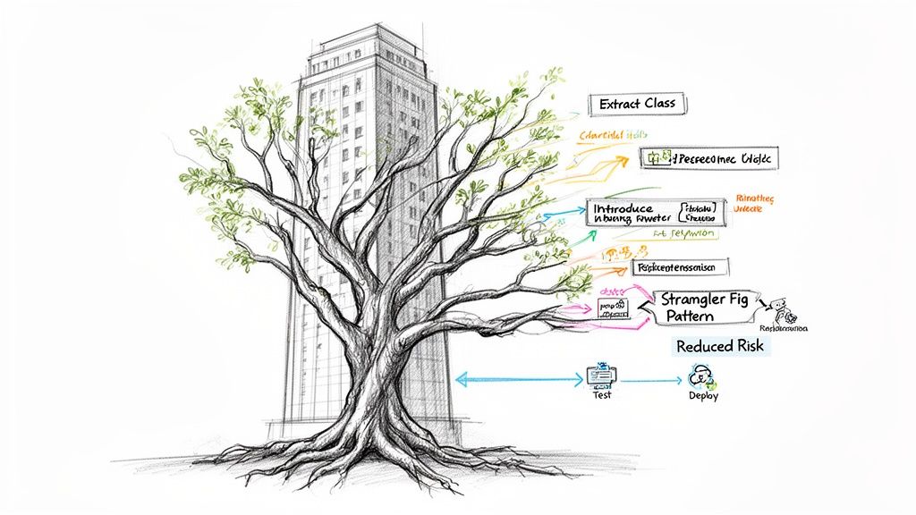 An illustration of a tree strangling a legacy building, depicting code refactoring and the Strangler Fig Pattern.