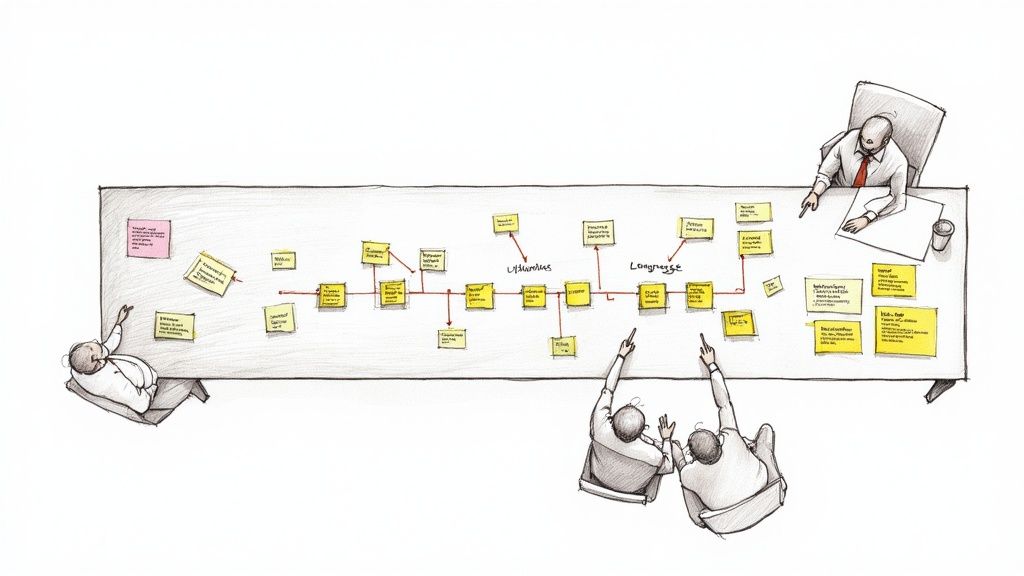 Team collaboration session with sticky notes on a table, illustrating a project timeline.