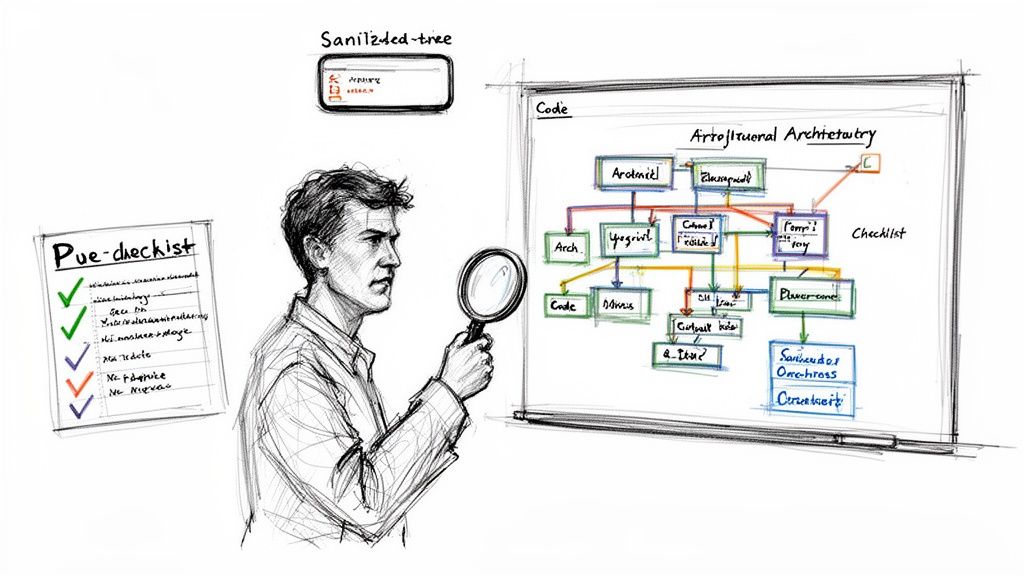 A man reviews a complex software architecture diagram and a checklist with a magnifying glass.
