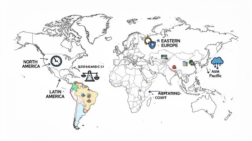 World map showing key global regions like North America, Latin America, Eastern Europe, and Asia Pacific with various icons.