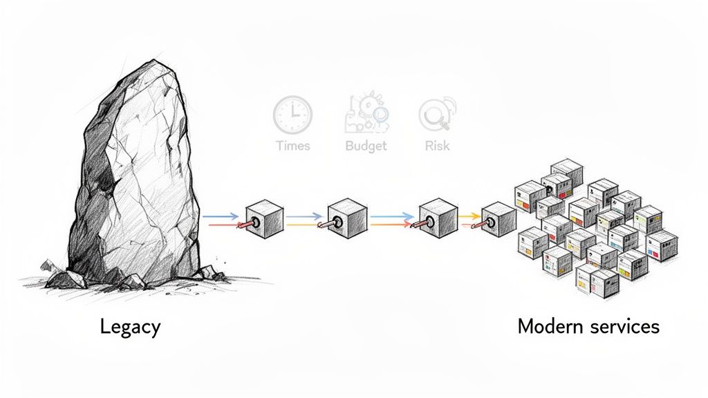Diagram showing a monolithic 'Legacy' rock transforming into 'Modern services' through modular cubes, considering time, budget, and risk.