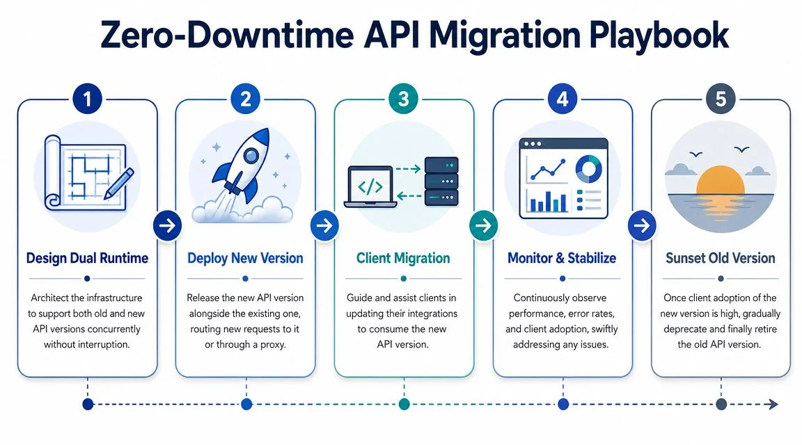 A five-step flowchart infographic illustrating the strategy for performing a zero-downtime API migration process.