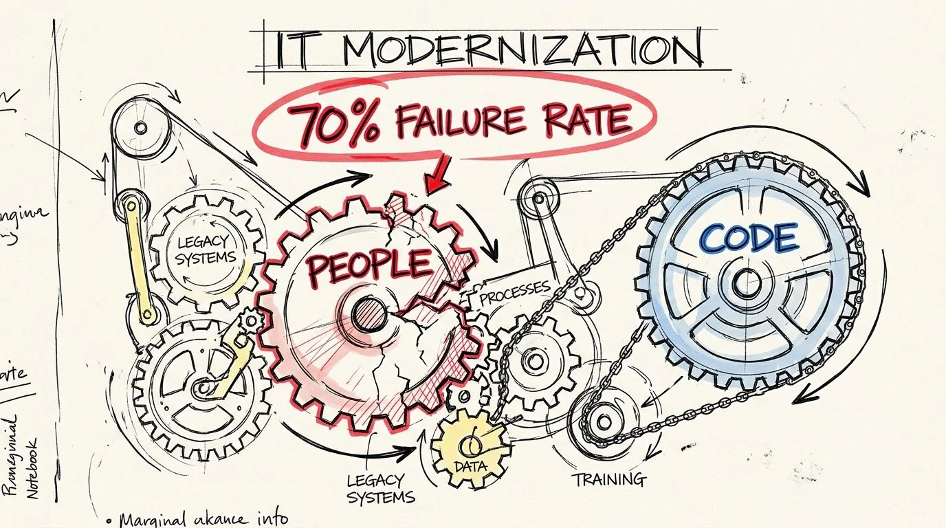 A hand-drawn sketch illustration showing gears labeled people, code, and data depicting IT modernization failure rates.
