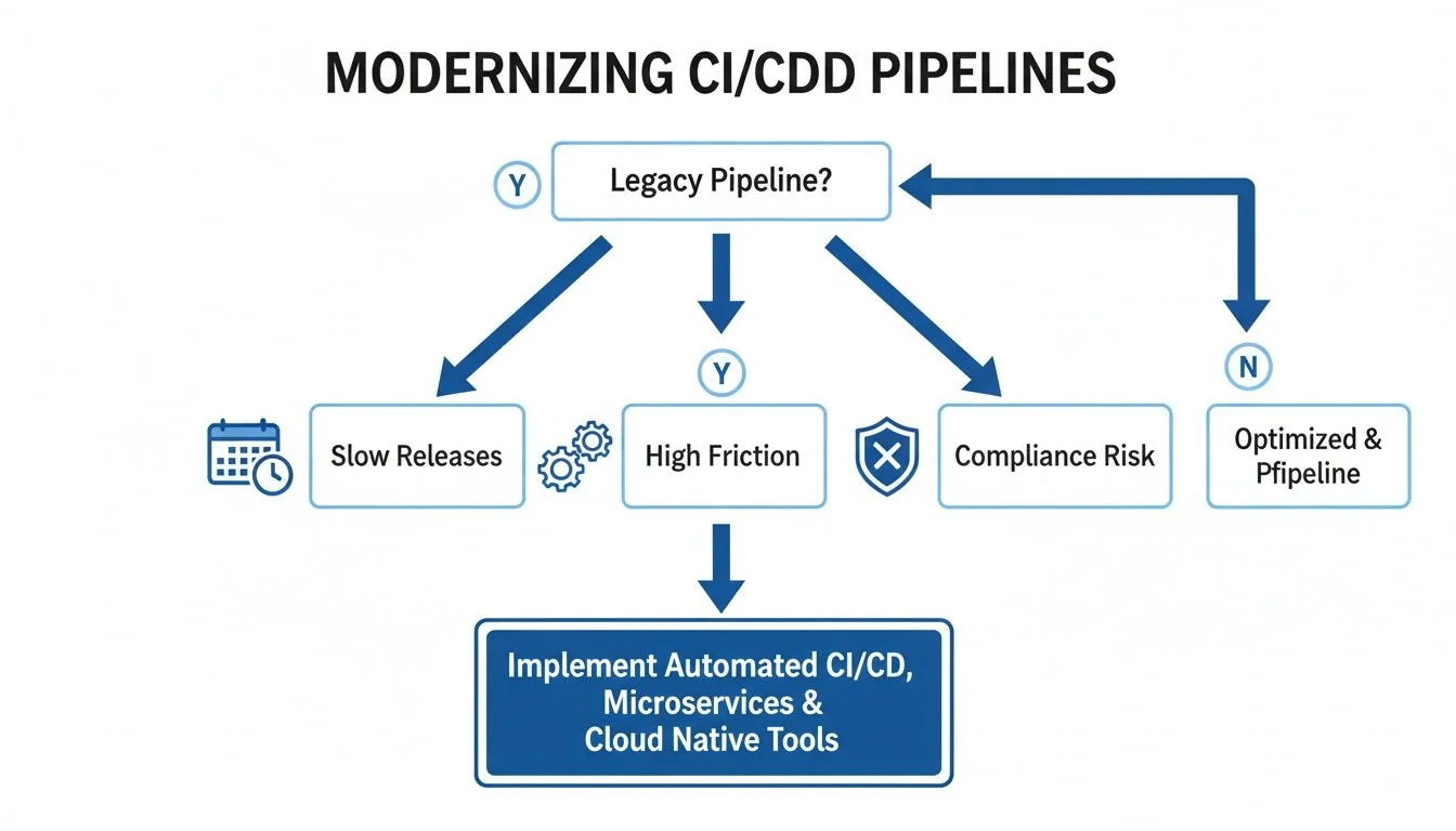 Flowchart illustrating a CI/CD pipeline modernization strategy, addressing legacy issues with automated cloud-native tools.