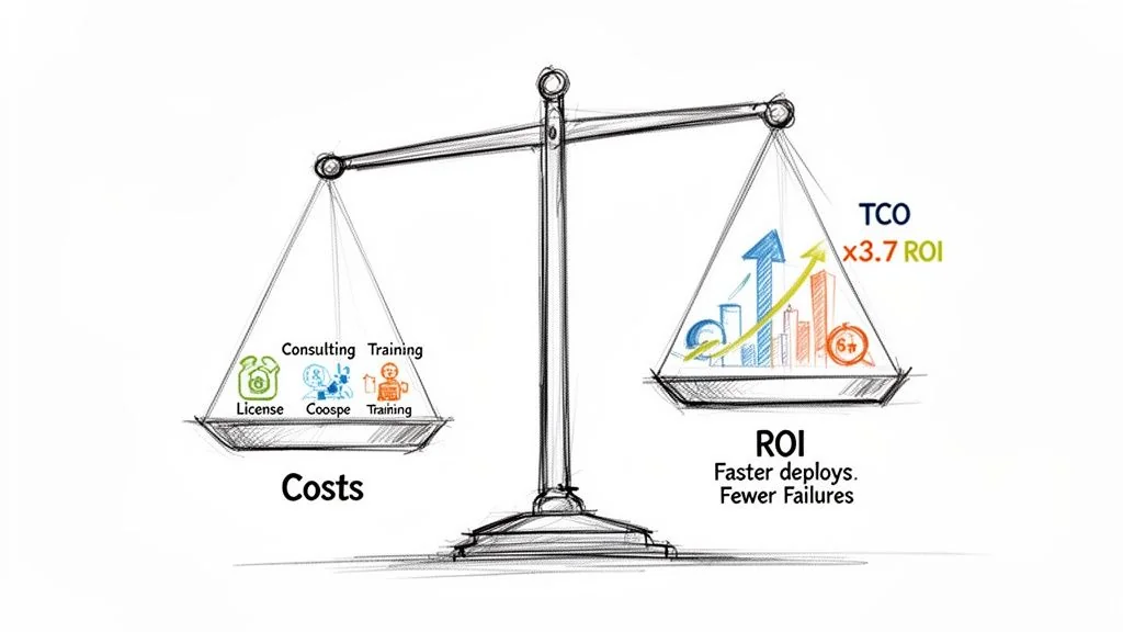 A balance scale shows IT costs versus ROI, highlighting faster deploys and fewer failures leading to 3.7x ROI.