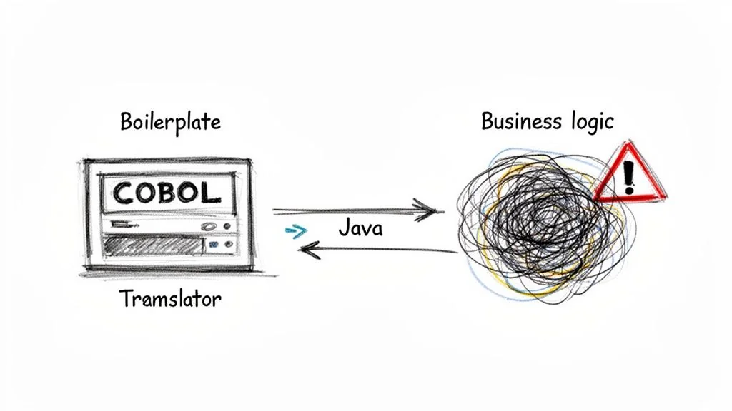 A diagram illustrates COBOL boilerplate translated to Java business logic, depicted as a tangled mess with a warning.