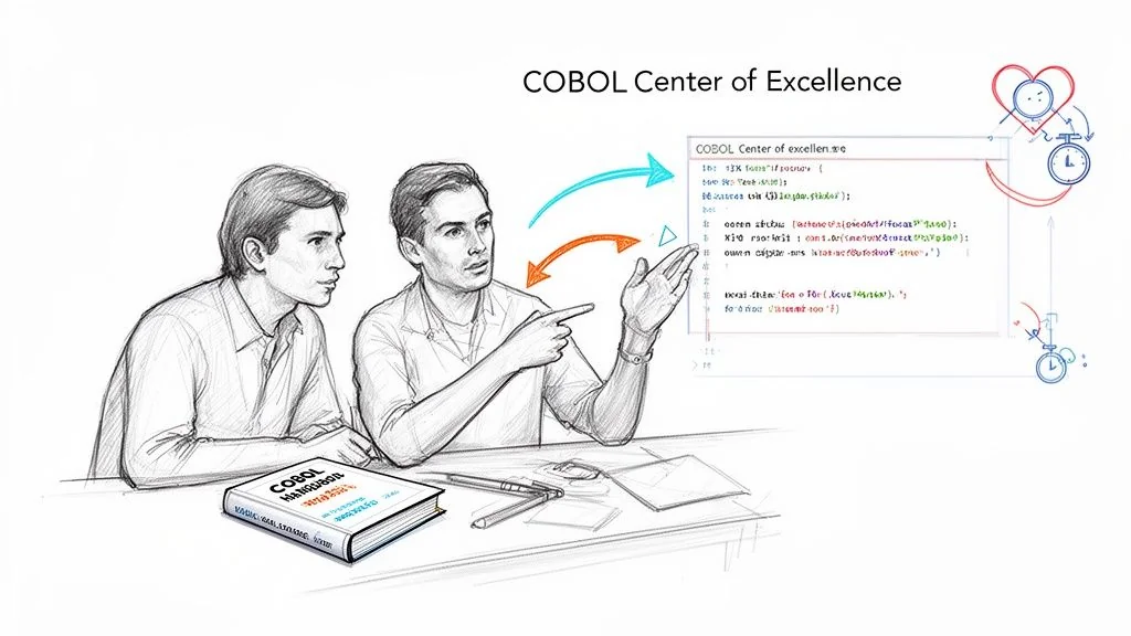 Two men discuss COBOL code, a 'Center of Excellence,' and a COBOL handbook on a desk.