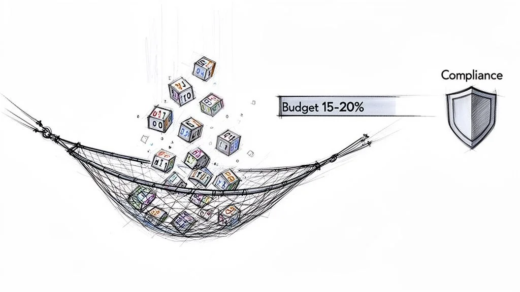 Digital data cubes falling into a net, with 'Budget 15-20%' and a 'Compliance' shield.