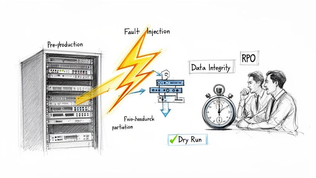 A diagram of pre-production server testing with fault injection, checking data integrity and RPO through dry runs.