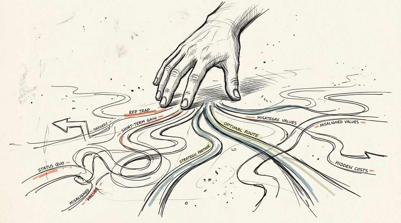 A hand guides pathways, highlighting the optimal route versus common obstacles in strategic business decision-making processes.