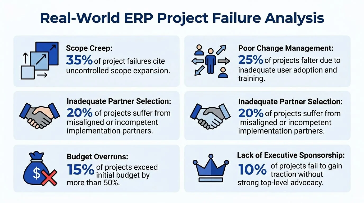 An infographic analyzing common causes of ERP project failure, including scope creep, change management, and budget overruns.