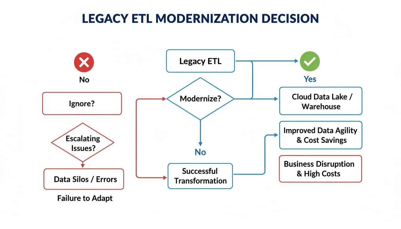 Flowchart illustrating the decision to modernize legacy ETL, highlighting benefits of cloud and risks of inaction.