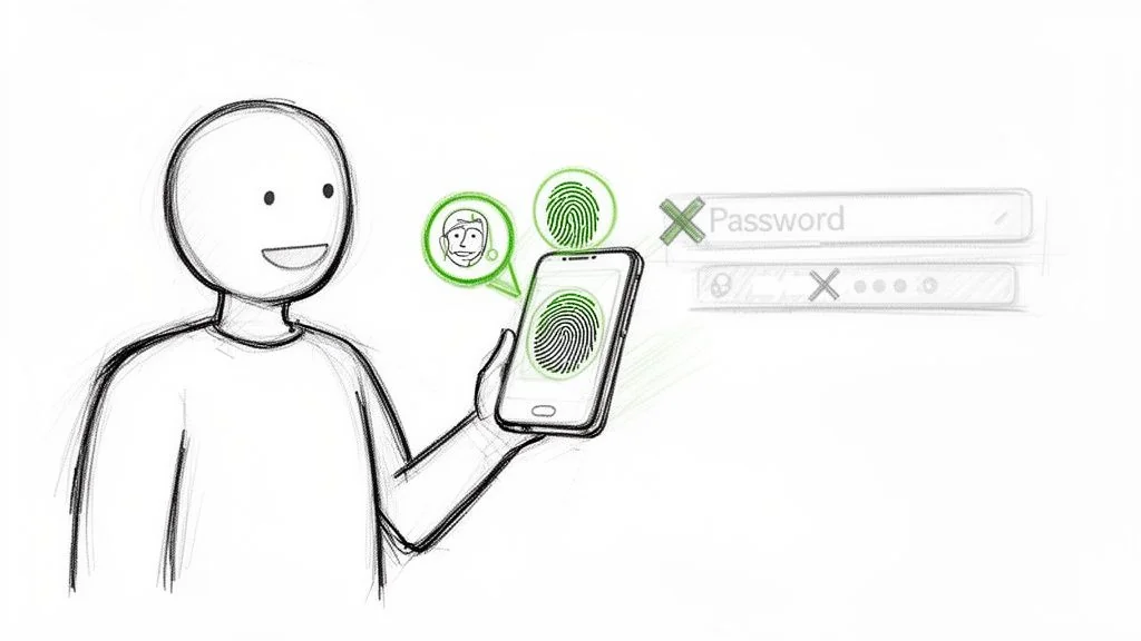 A smiling person uses a smartphone for biometric authentication, showing fingerprint and face ID instead of passwords.