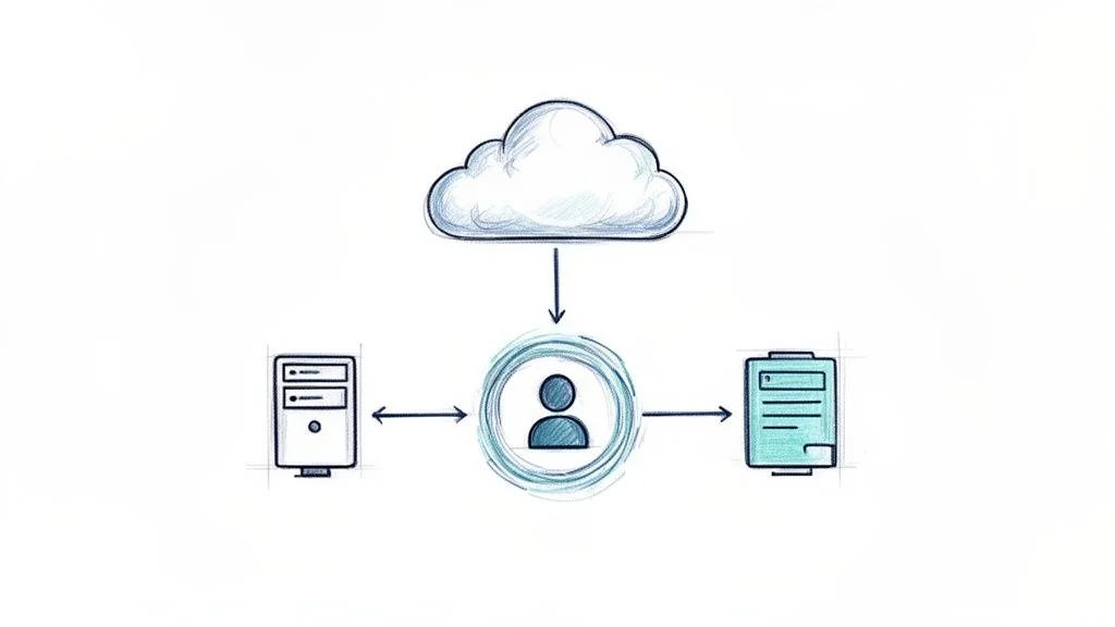 Diagram of cloud-based identity and access management connecting a user to a server and a document.