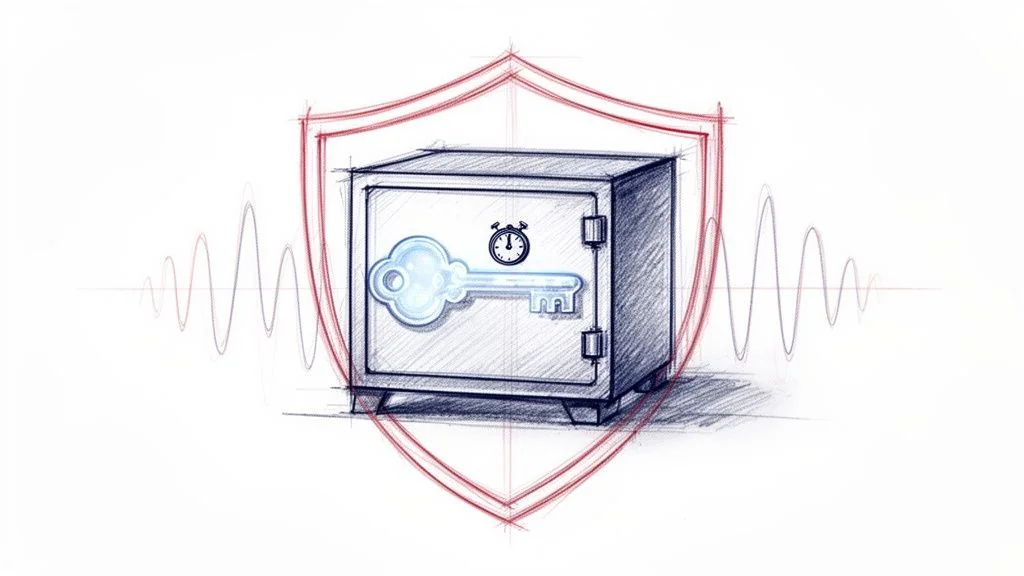 A sketch of a safe, glowing key, and stopwatch inside a shield, representing secure access and protection.
