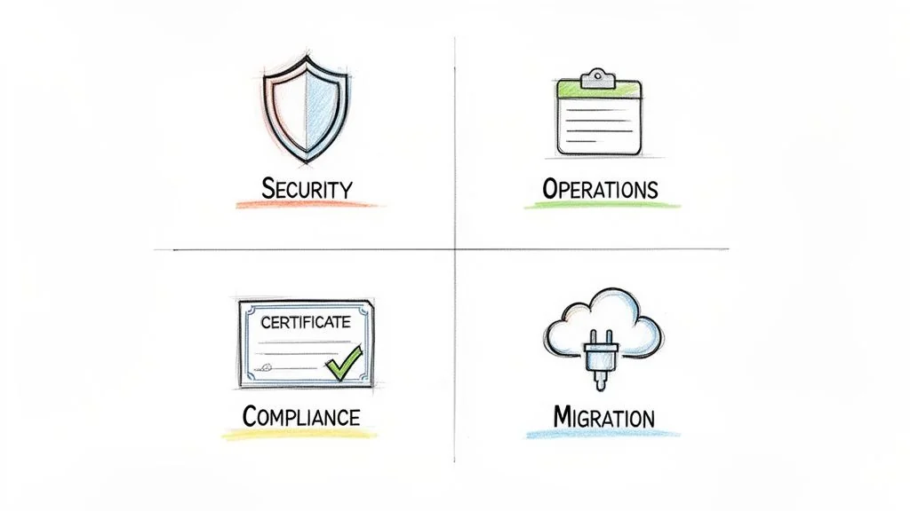 A 2x2 grid showing four key concepts: security, operations, compliance, and migration.