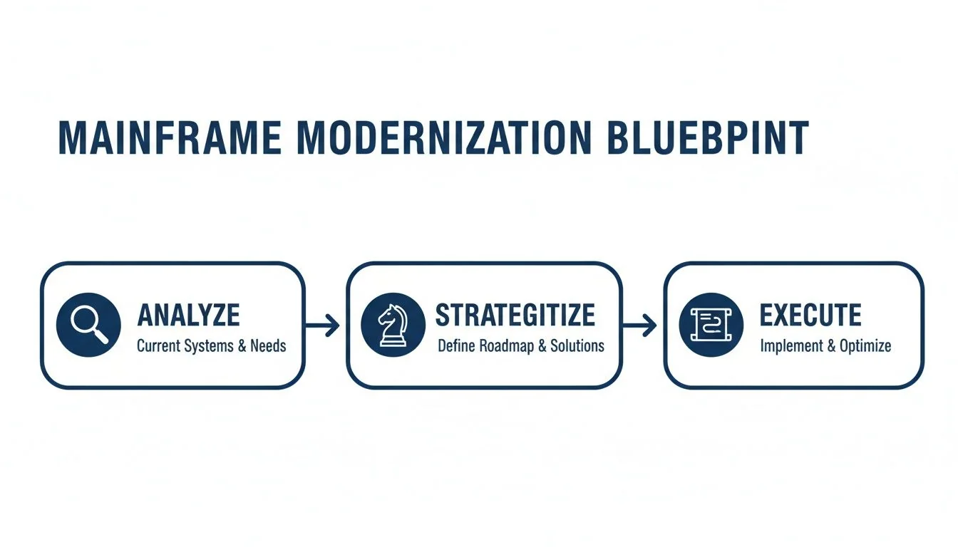 Flowchart outlining the three key steps of mainframe modernization: Analyze, Strategize, and Execute.