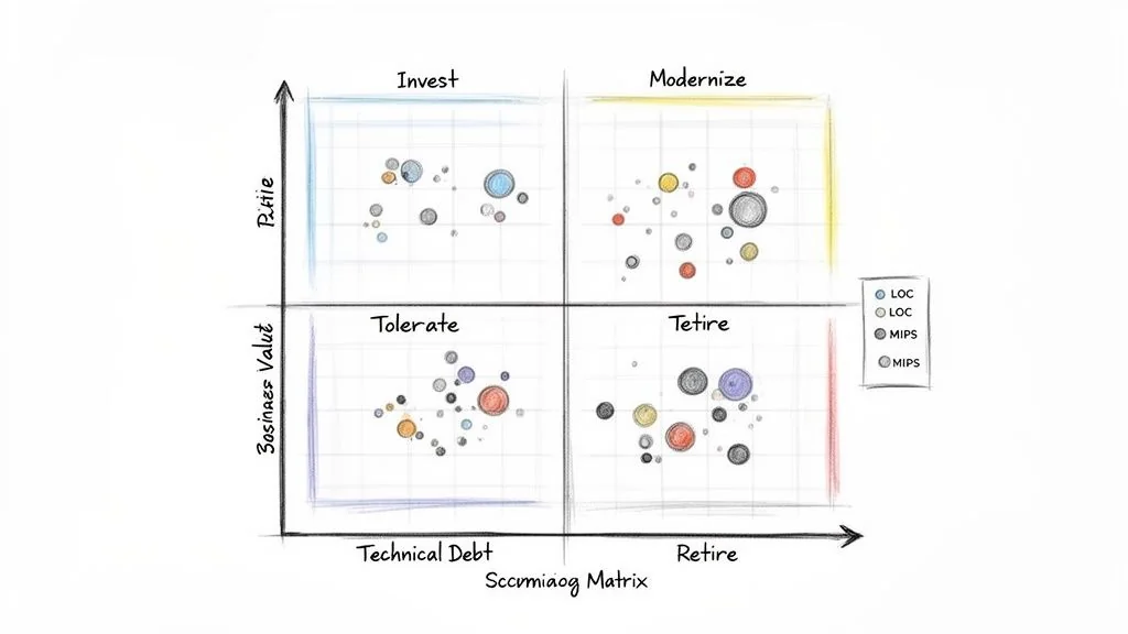 A four-quadrant matrix categorizing applications based on business value, technical debt, and other metrics.
