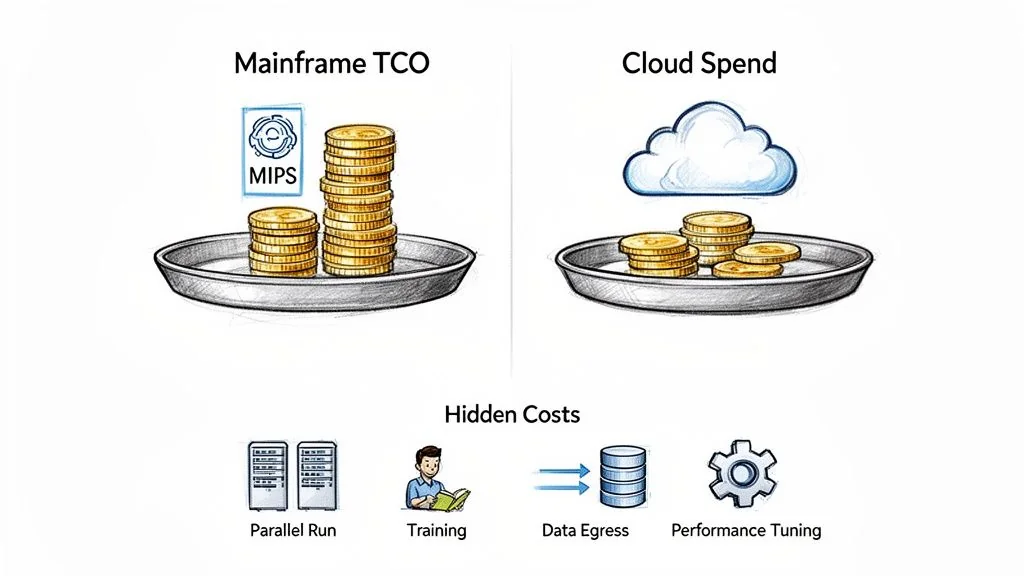 Visual comparison of mainframe TCO versus cloud spend, listing hidden migration costs.