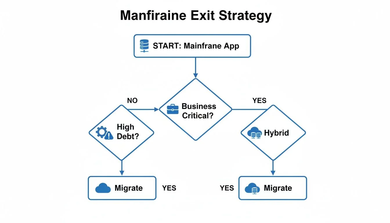 Flowchart illustrating a mainframe exit strategy based on business criticality and technical debt, leading to migration.