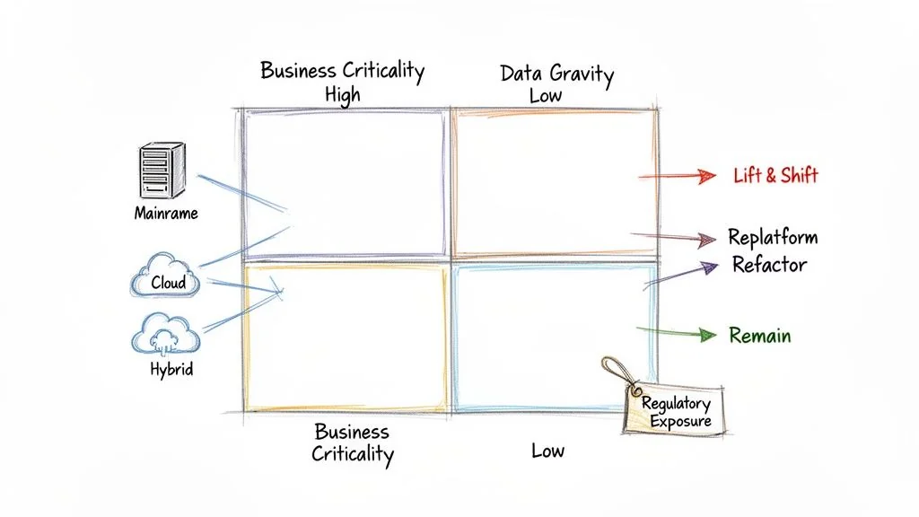 A matrix diagram illustrating IT modernization and mainframe exit strategies based on business criticality and data gravity.