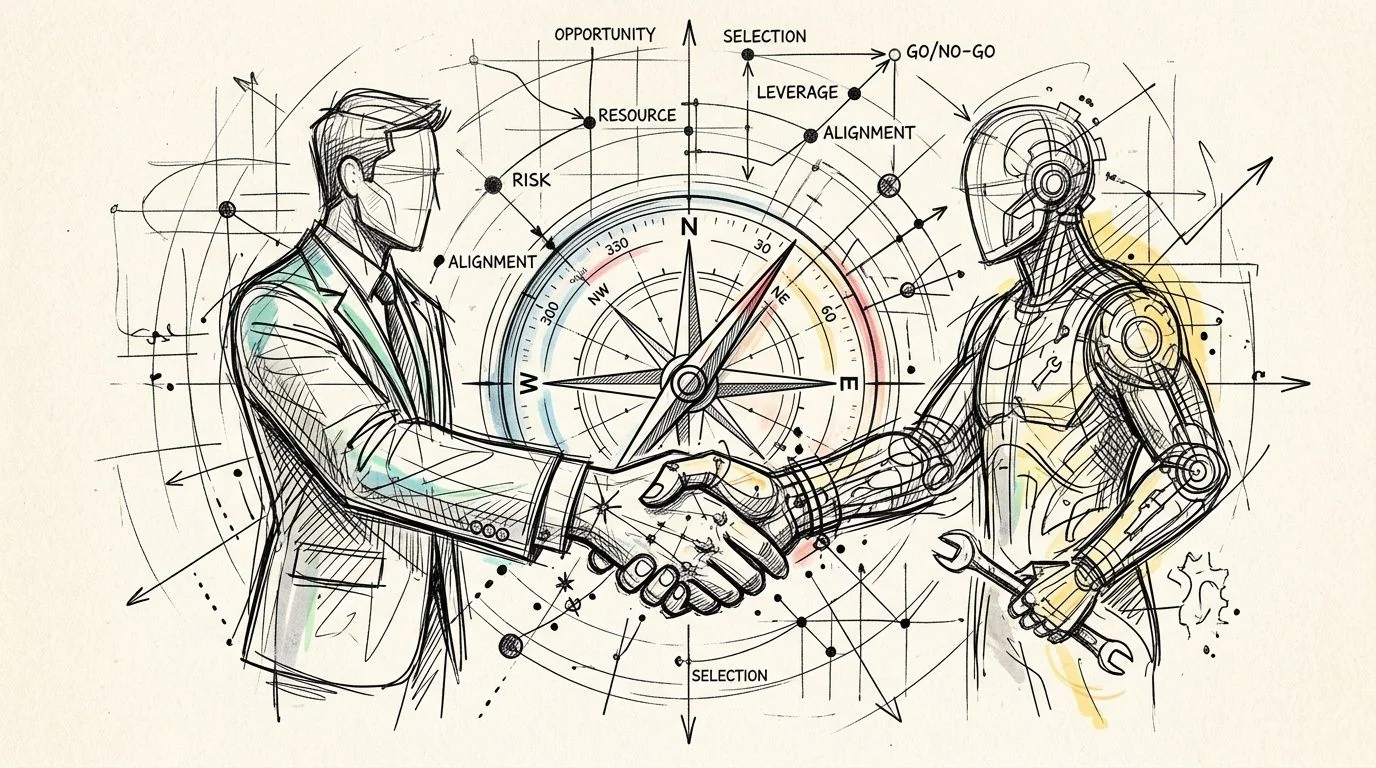 A professional man and a robot shaking hands in front of a compass and strategic planning chart.