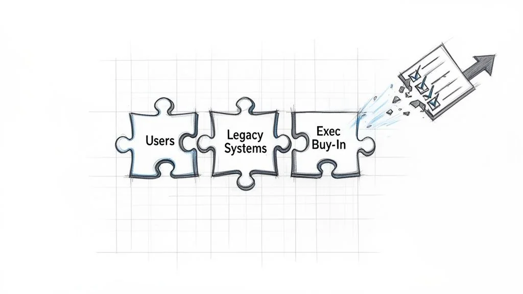 Puzzle pieces labeled Users, Legacy Systems, and Exec Buy-In connect, leading to a shattered checklist moving upwards.