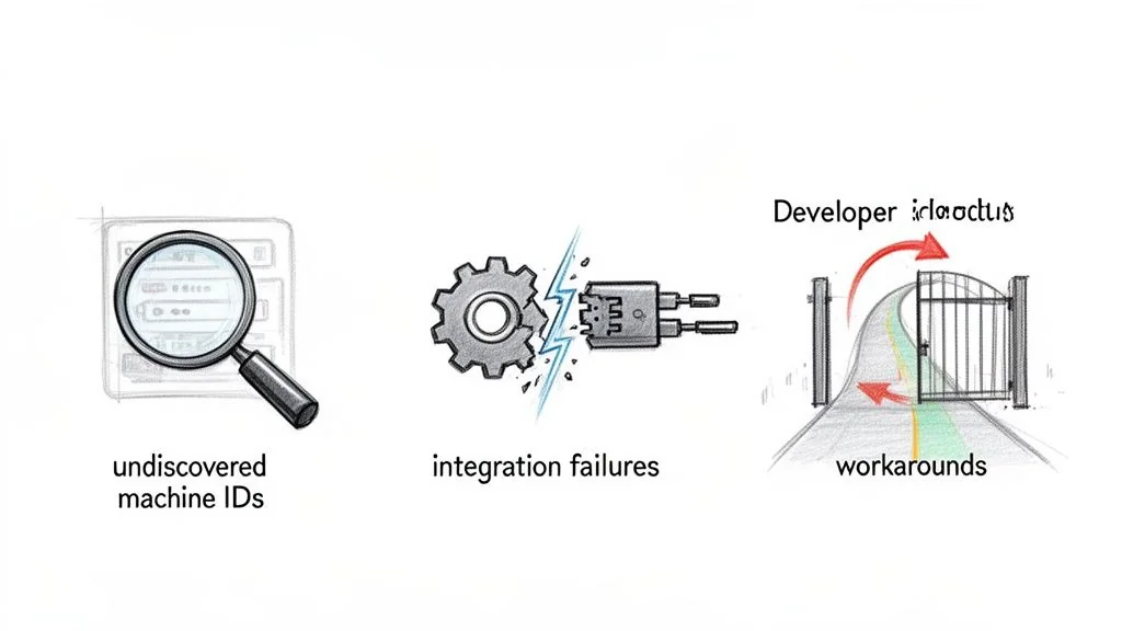 Visualizing challenges: undiscovered machine identities, broken integrations, and developers bypassing gates with workarounds.