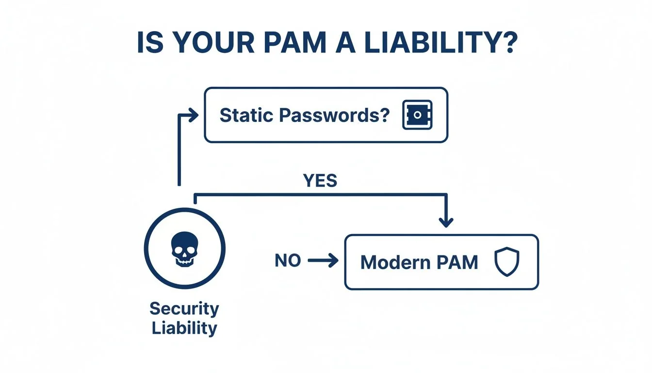Flowchart illustrating if PAM using static passwords is a security liability or a modern PAM.