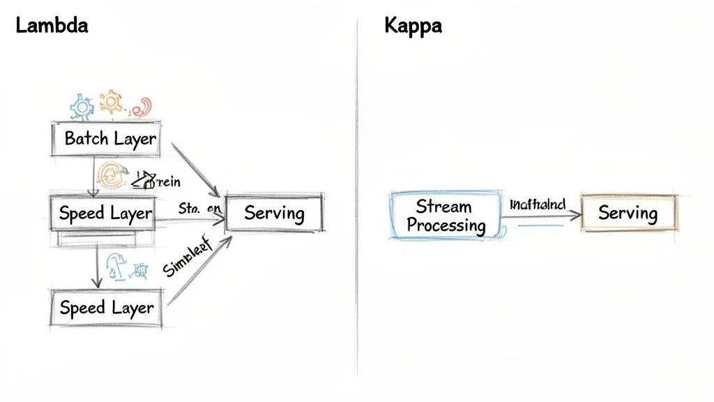 Diagram illustrating Lambda and Kappa architectures, showing their distinct layers for data processing pipelines.