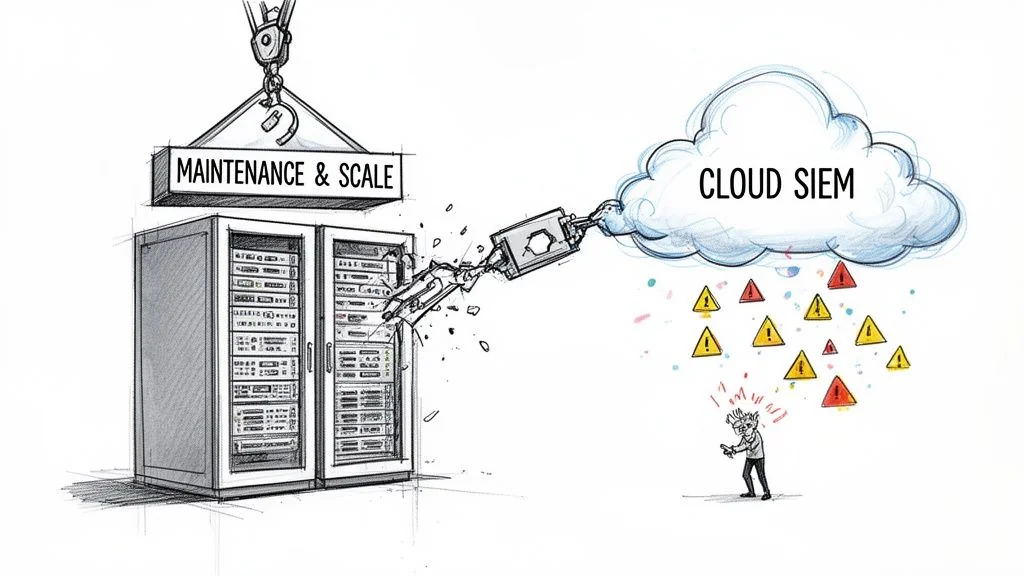A crane removes maintenance from on-premise servers, connecting to a cloud SIEM raining alerts on a person.