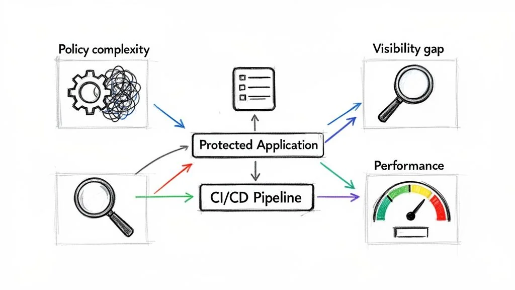 Diagram illustrating factors impacting a protected application and CI/CD pipeline, including policy, visibility, and performance.