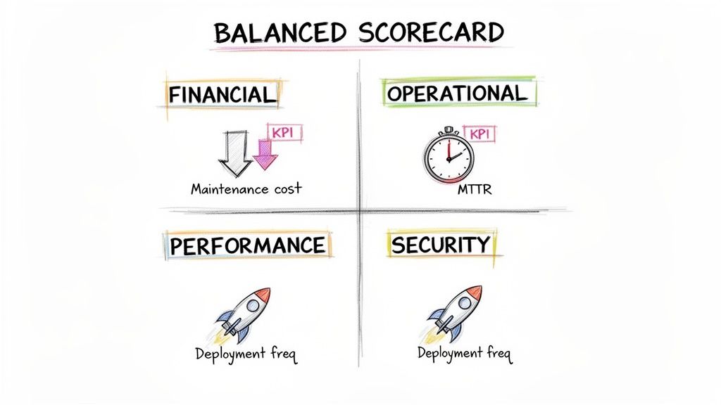 A balanced scorecard diagram showing financial, operational, performance, and security metrics with KPIs.