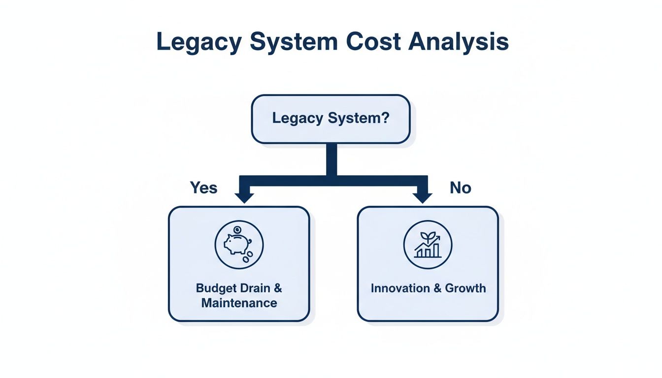 Flowchart showing legacy system cost analysis, leading to budget drain or innovation and growth.
