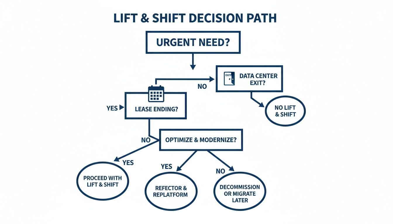 Flowchart outlining the Lift & Shift decision path for IT infrastructure migration, covering urgency, lease, and modernization.