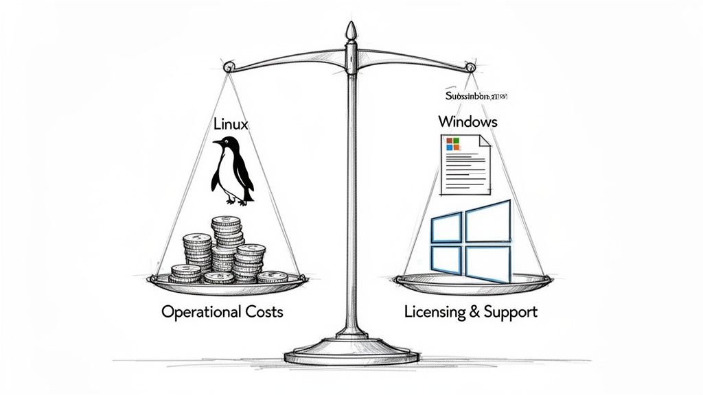 A balance scale comparing Linux operational costs with Windows licensing and support expenses.