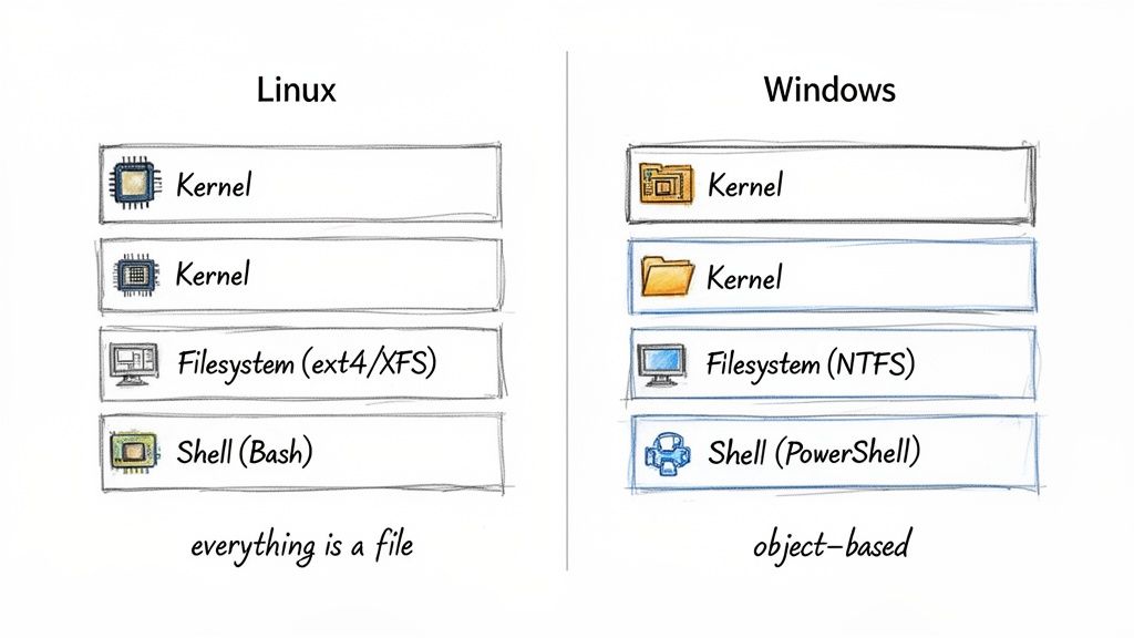 Diagram comparing Linux and Windows operating system architectures, showing Kernel, Filesystem, and Shell layers.
