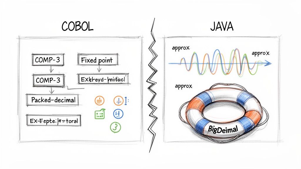 Diagram comparing COBOL's precise fixed-point number handling with Java's approximation issues, highlighting BigDecimal as a solution.