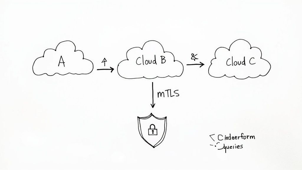 A diagram illustrates data flow between Cloud A, Cloud B, and Cloud C, with mTLS security for Cloud B interactions.