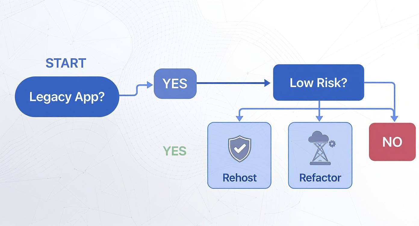A flowchart detailing a decision process for modernizing legacy applications based on risk assessment.