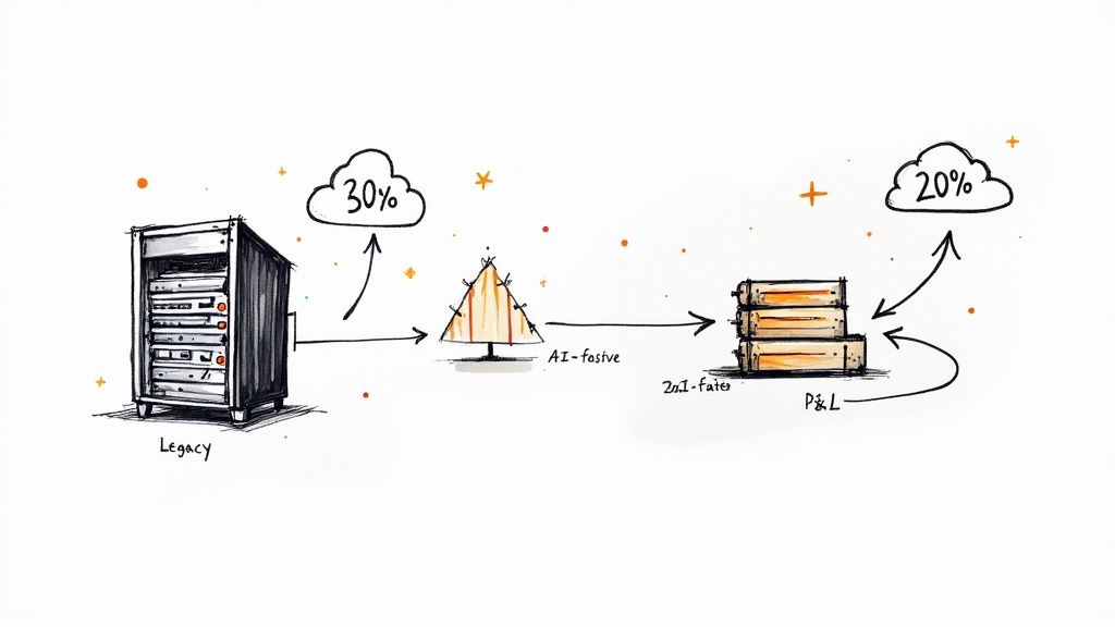 A hand-drawn diagram showing technology modernization from legacy systems, through AI, to data storage and cloud adoption.