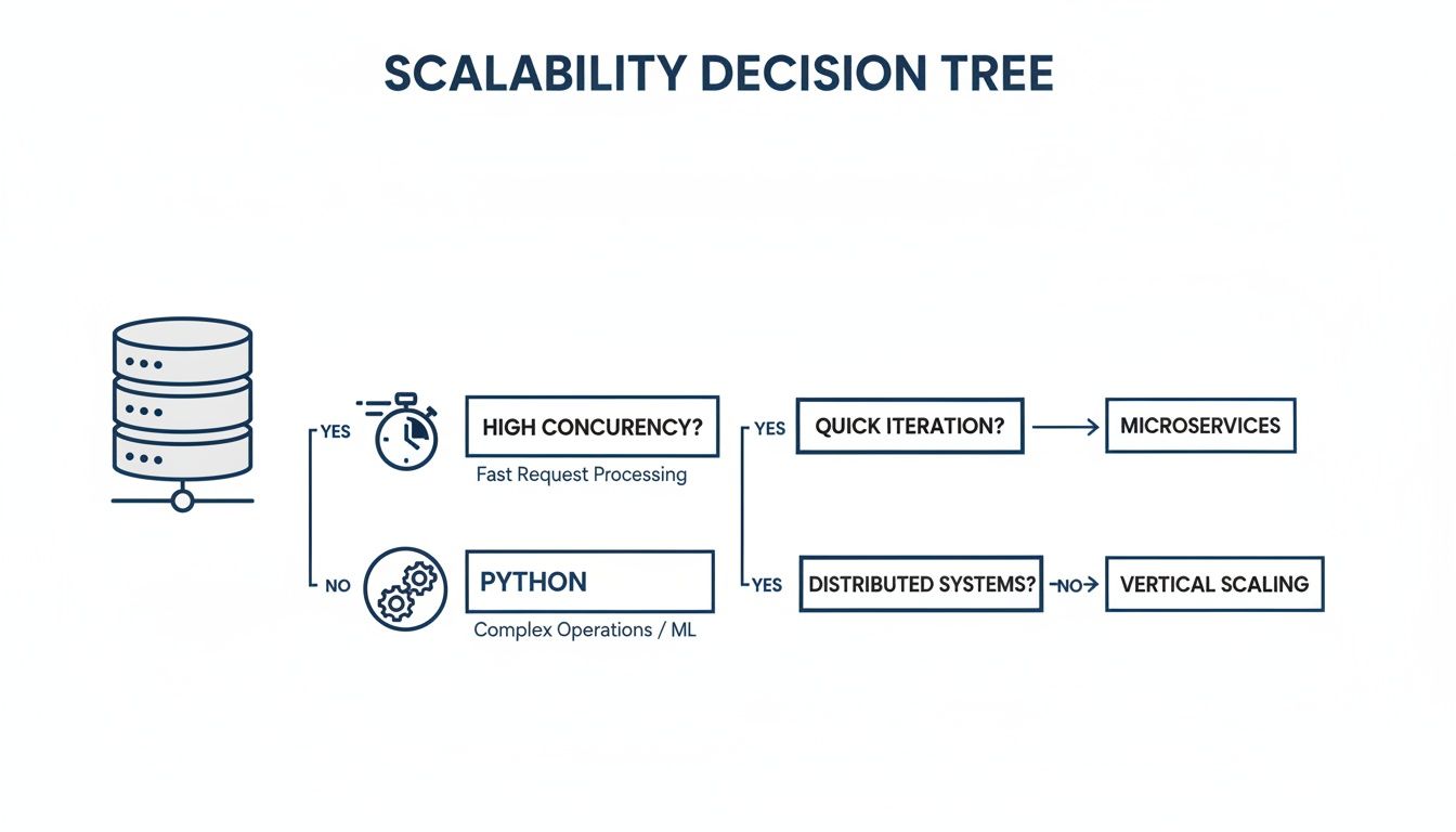 A scalability decision tree flowchart showing choices for high concurrency, Python, microservices, and vertical scaling.