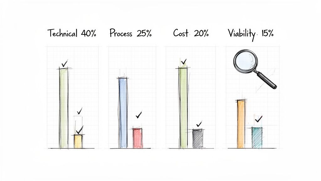Hand-drawn bar charts showing project evaluation criteria: Technical, Process, Cost, and Viability with percentages.