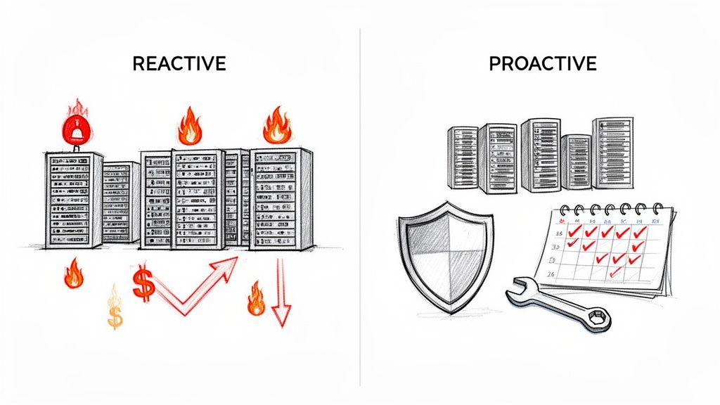 Illustration contrasting reactive (servers on fire, rising costs) and proactive (secure servers, planned maintenance) IT strategies.